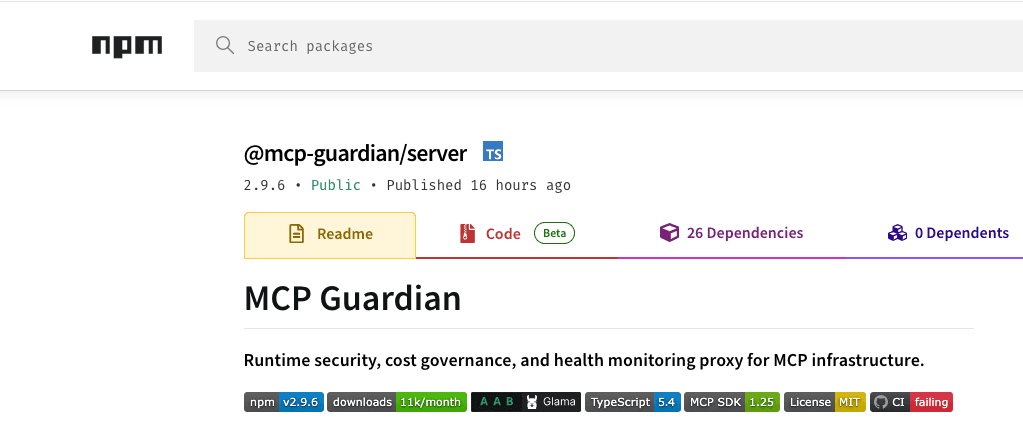 npm registry page for @mcp-guardian/server showing 11k/month downloads badge, v2.9.6, MIT license, and MCP Guardian readme